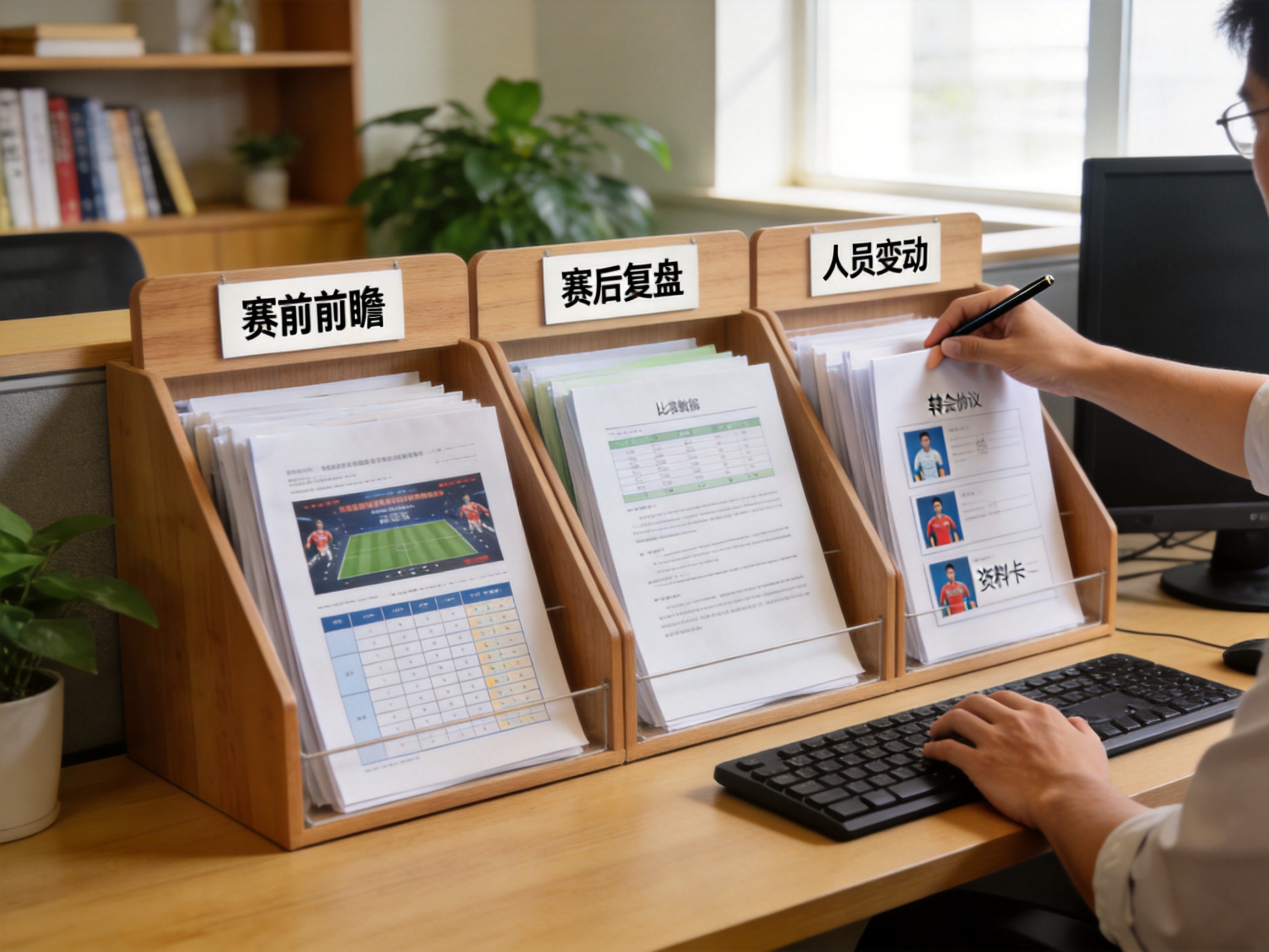 Vsport体育资讯中心编辑台示意图，体现赛前前瞻与赛后复盘的内容编排